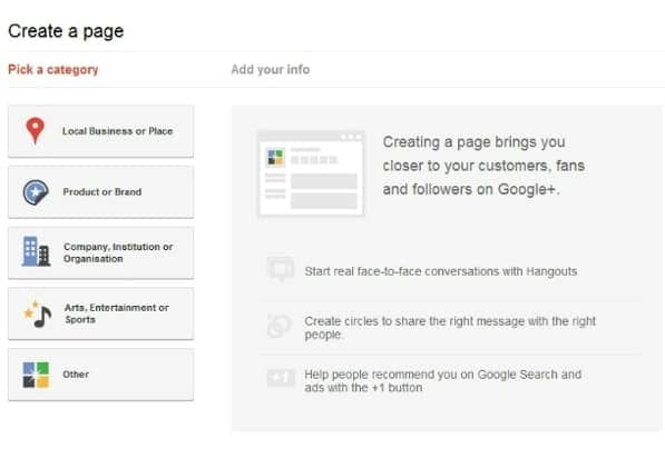 Google+ Create Page